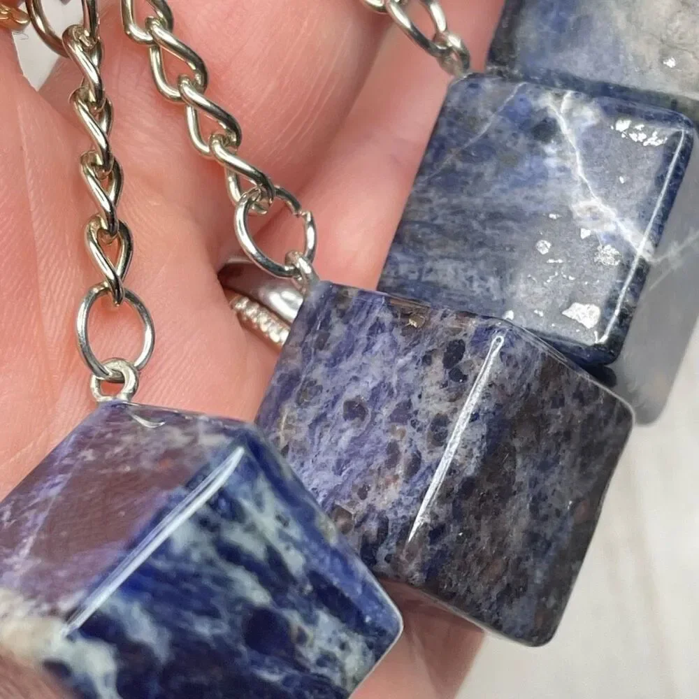 Lapis Lazuli cube keychain key ring pendant chain NEW hand crafted
